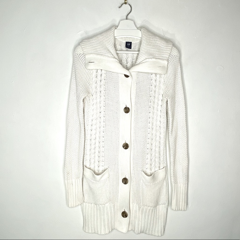 GAP Long White Cardigan Fisherman Cable Knit Cotton Blend Collared Cowl …